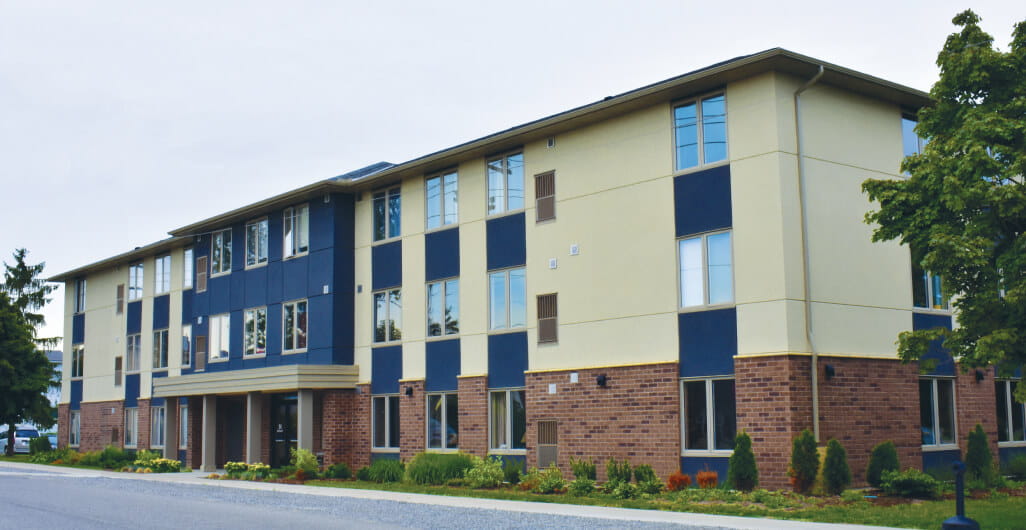 Exterior of affordable housing building for seniors.
