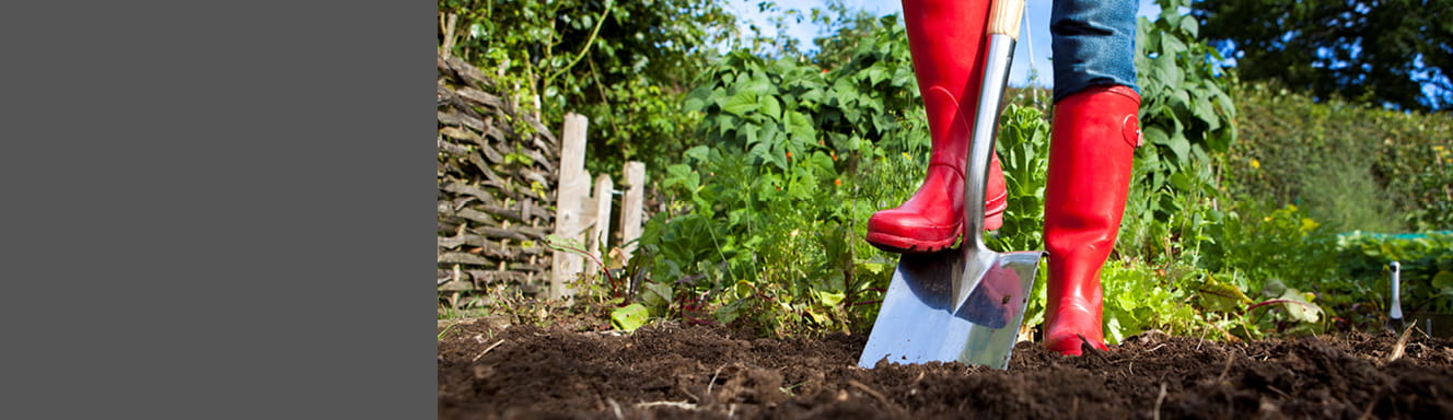Person in red boots digging in the garden