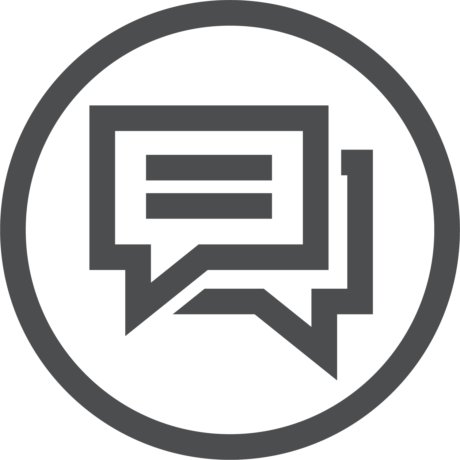 A black and white circle with two overlapping speech bubbles, symbolizing communication and dialogue.