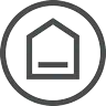 A black and white circle representing a simple house silhouette with a basement.