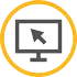 A gold circle with an arrow directed towards a computer monitor, symbolizing focus on digital content.