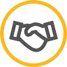 A gold circle featuring two hands shaking, representing partnership and mutual understanding.