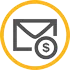 A gold circle featuring an email and a dollar sign in the center.