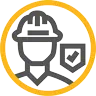 A gold circle with an illustration of a man in a hard hat and a check mark, indicating successful safety measures.
