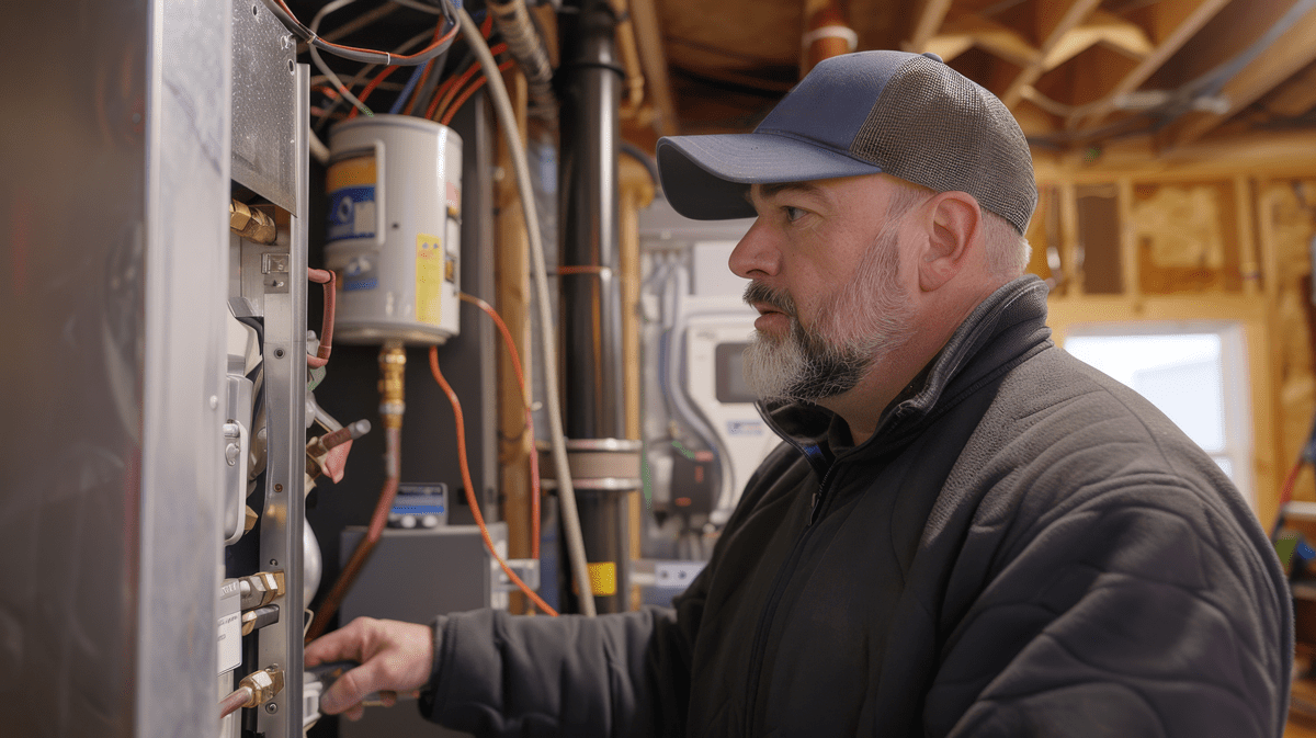 HVAC technician inspects heating system for winter prep