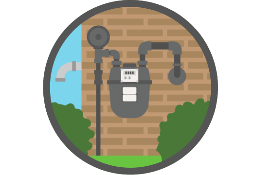 A natural gas meter on a brick wall, surrounded by shrubbery.