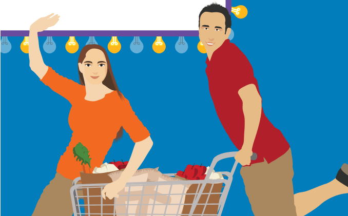 Illustration of happy couple filling their shopping cart