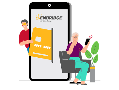 Illustration of a large smartphone showing the Enbridge logo with a credit card emerging from the screen; a seated person looks at a phone in hand while another person stands beside the device reaching into the screen to pull out information, suggesting data theft.