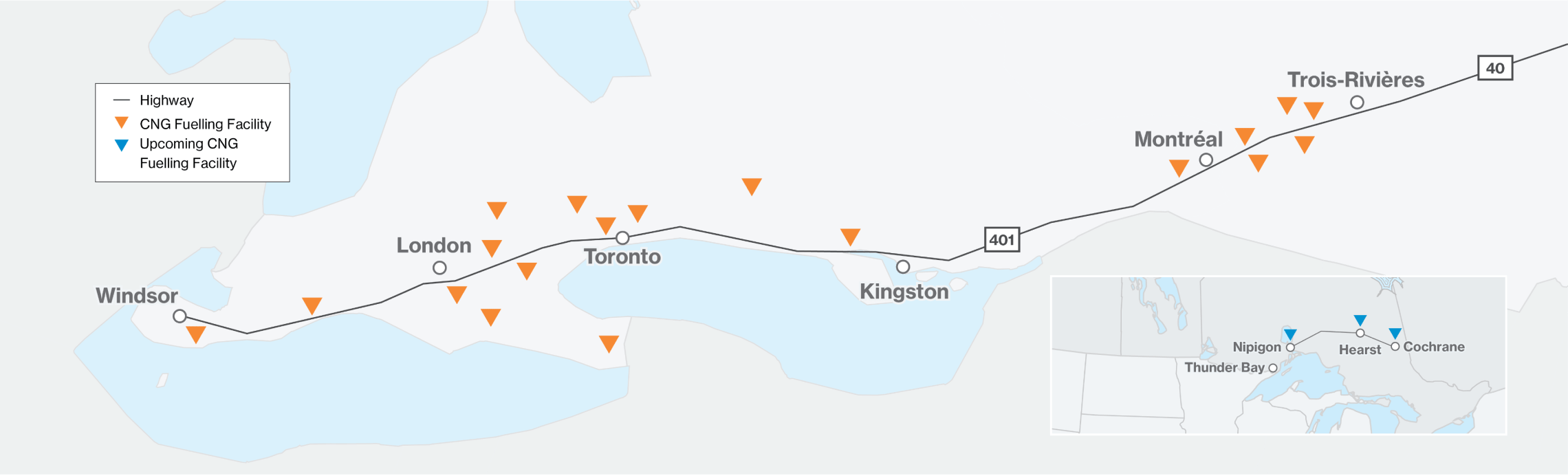 Map showing locations of CNG fuelling stations along Highway 401. Inset map showing locations of future stations.