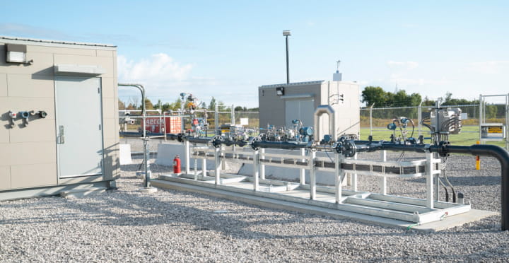 Pipes at Enbridge Gas’s power-to-gas facility, that are used for converting surplus electricity into hydrogen.