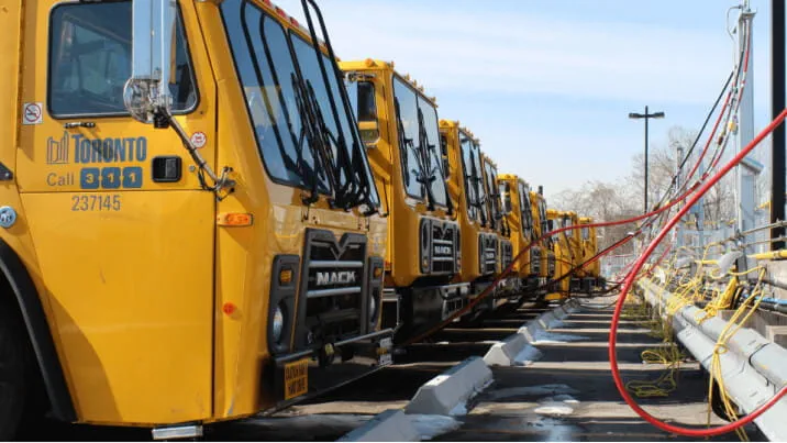 Six trucks in the City of Toronto’s waste collection fleet, parked in an exterior lot.