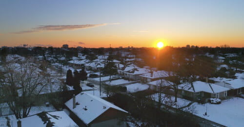 Sunrise over urban Toronto neighbourhood in the winter.