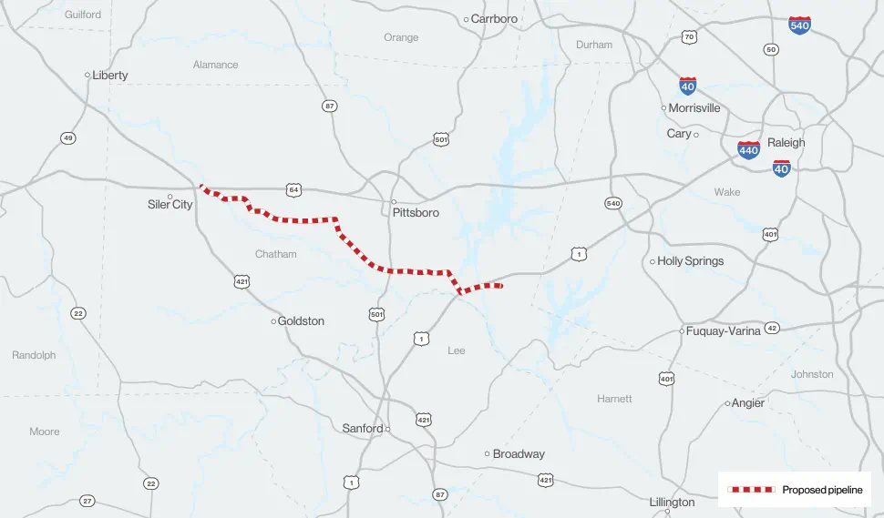 Map to show the proposed pipeline for Chatham County System Expansion Project