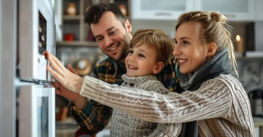 Family embracing energy-efficient cooking in cozy kitchen