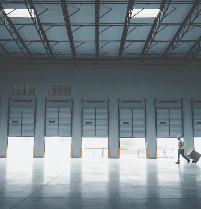 A man in a hard hat and reflective vest walking past six open loading doors