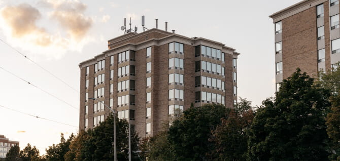 Exterior of two multi-storey residential buildings