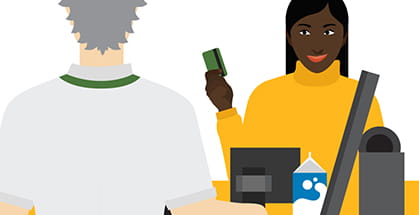 Illustration of a person paying by credit card at the cashier.