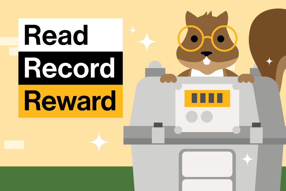 Read. Record. Reward: Illustration of a friendly chipmunk in yellow glasses peeking over a natural gas meter.