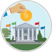 Government building with hand holding dollar coin illustration